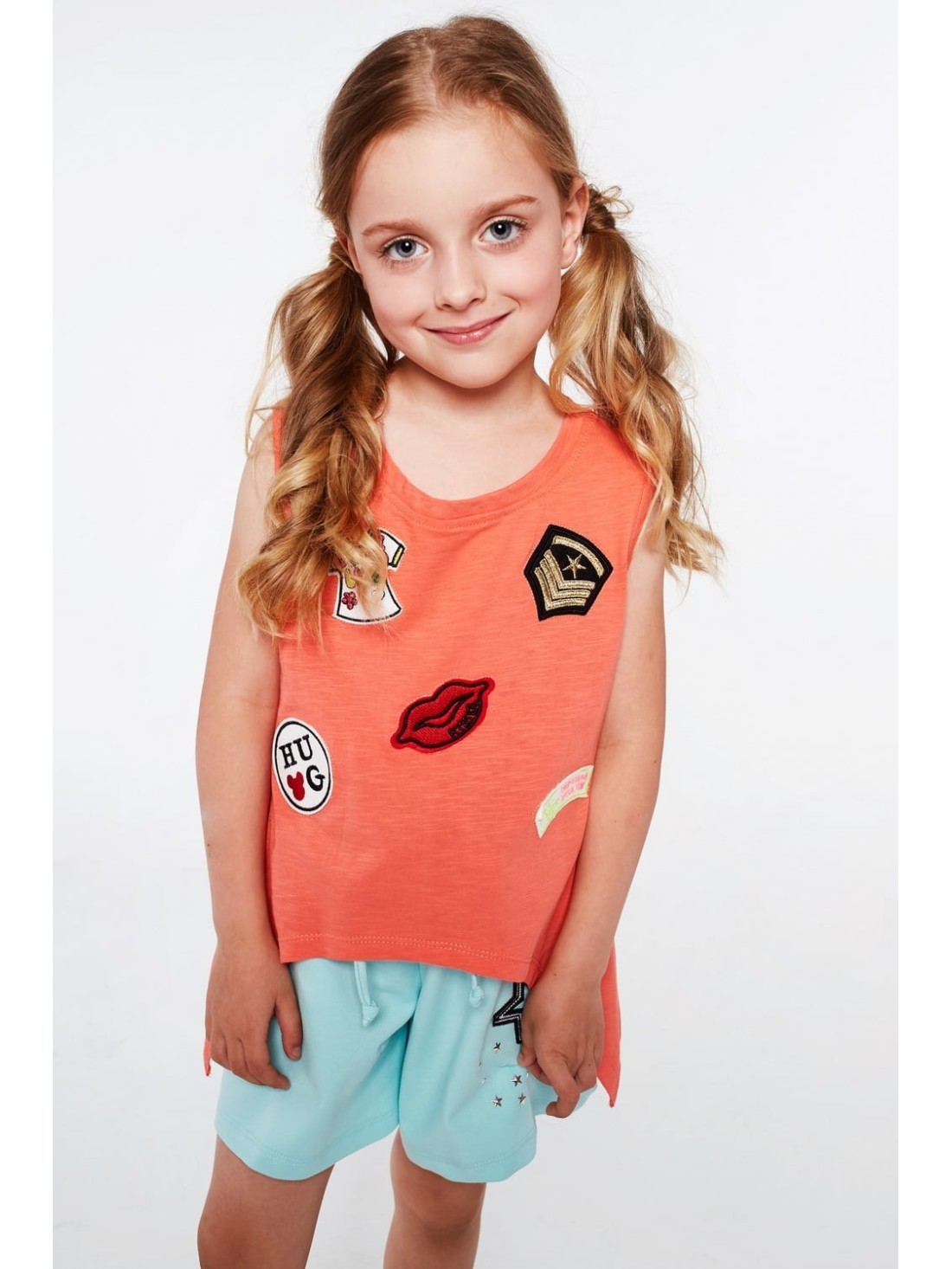 Girls\' T-shirt with patches, coral NDZ8100 - Online store - Boutique